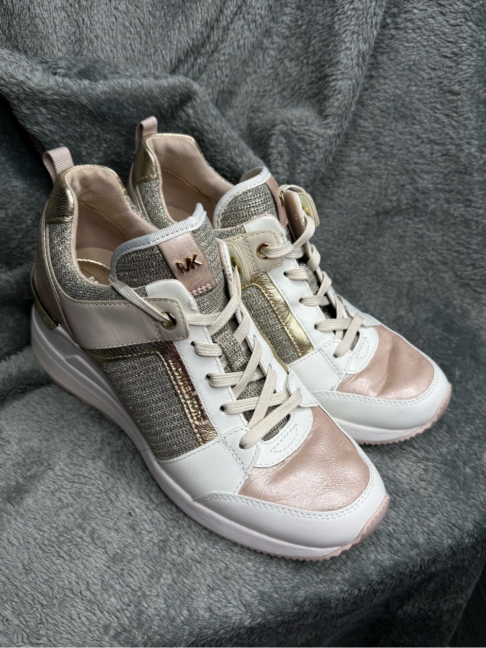Michael Kors Rose Gold, White & Gold Glitter Platform Sneakers